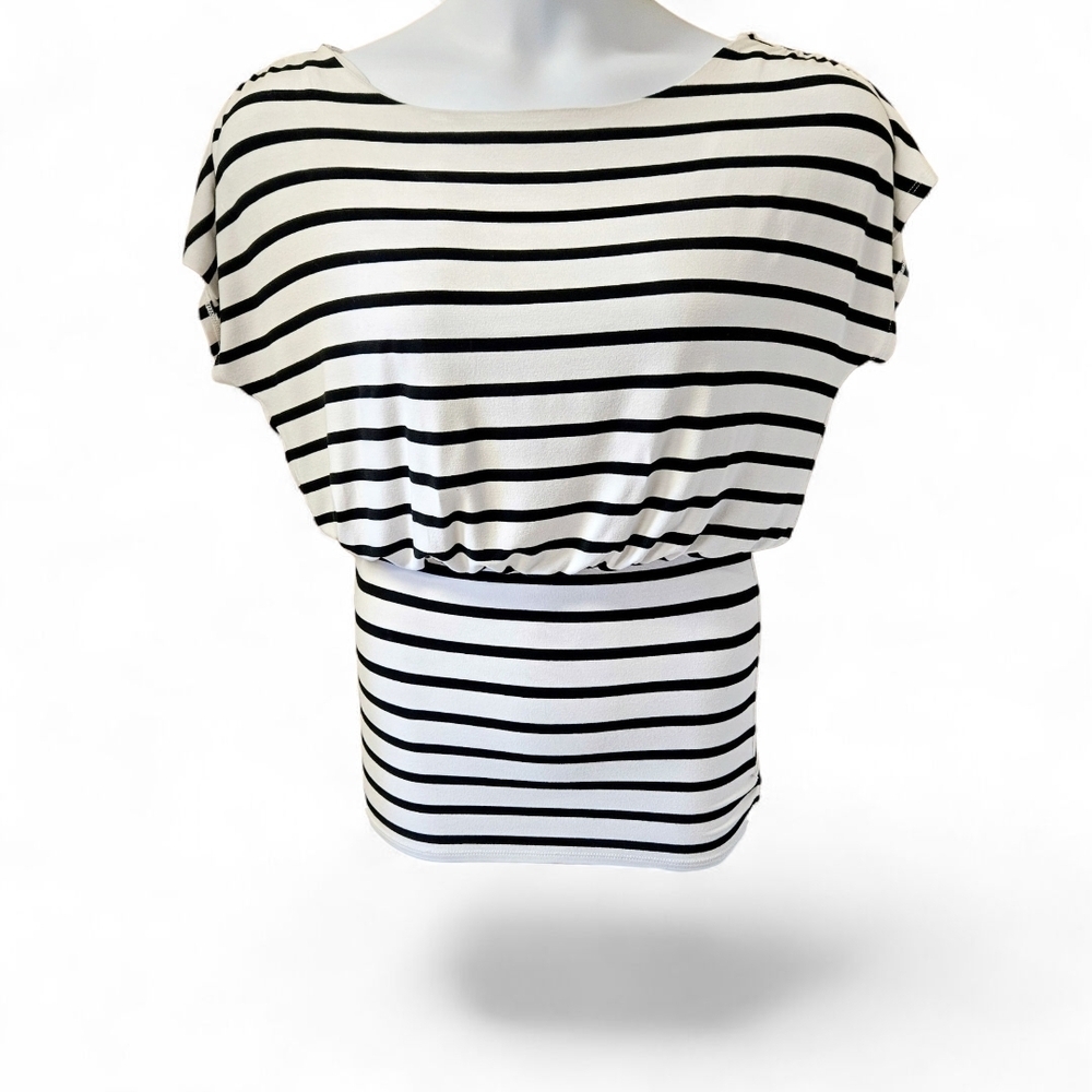 White House Black Market Classic black & white Striped fitted Top Oversized! - Picture 2 of 12